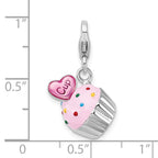 Sterling Silver Rhodium-plated Enameled 3-d Cupcake And Heart With Lobster Clasp Charm
