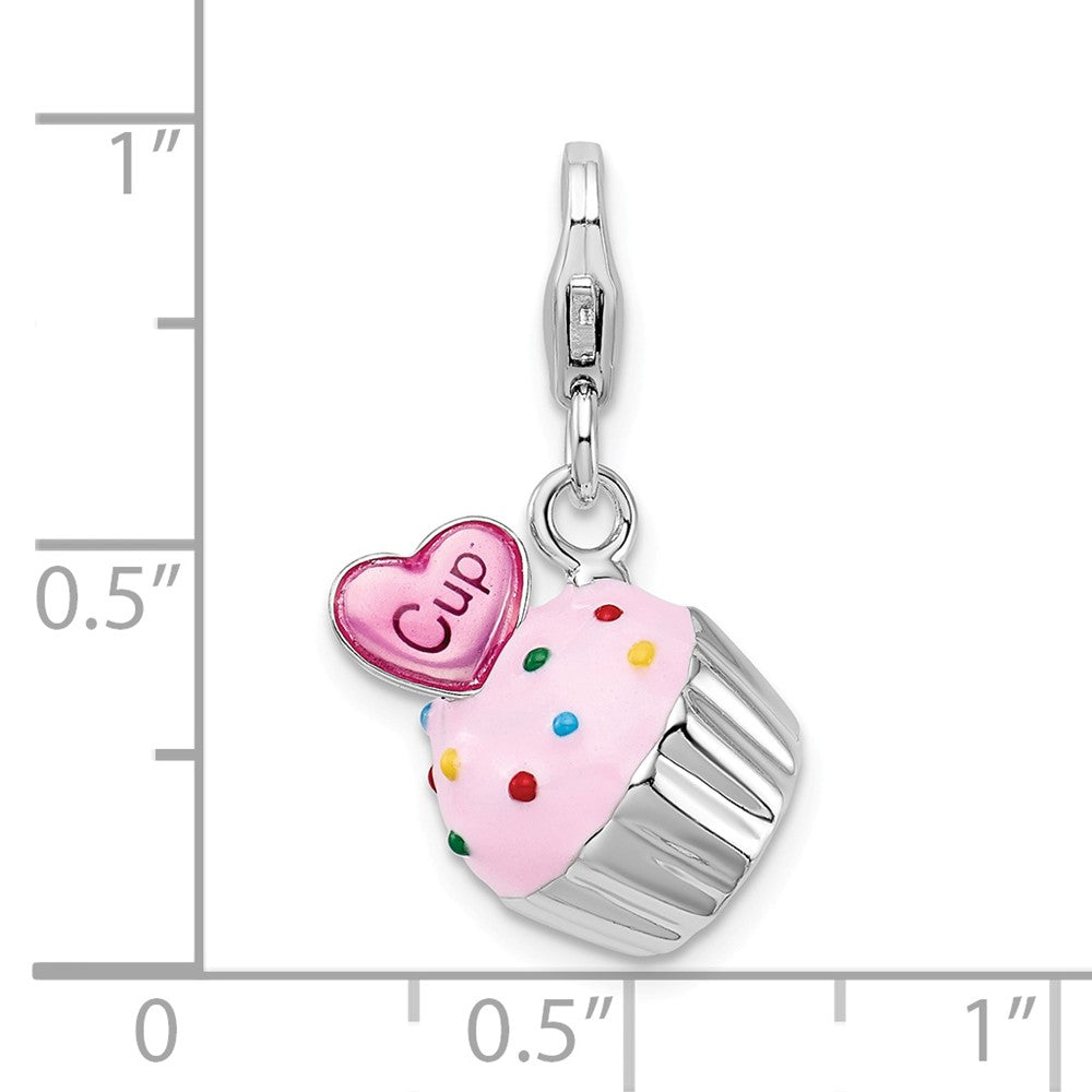 Sterling Silver Rhodium-plated Enameled 3-d Cupcake And Heart With Lobster Clasp Charm
