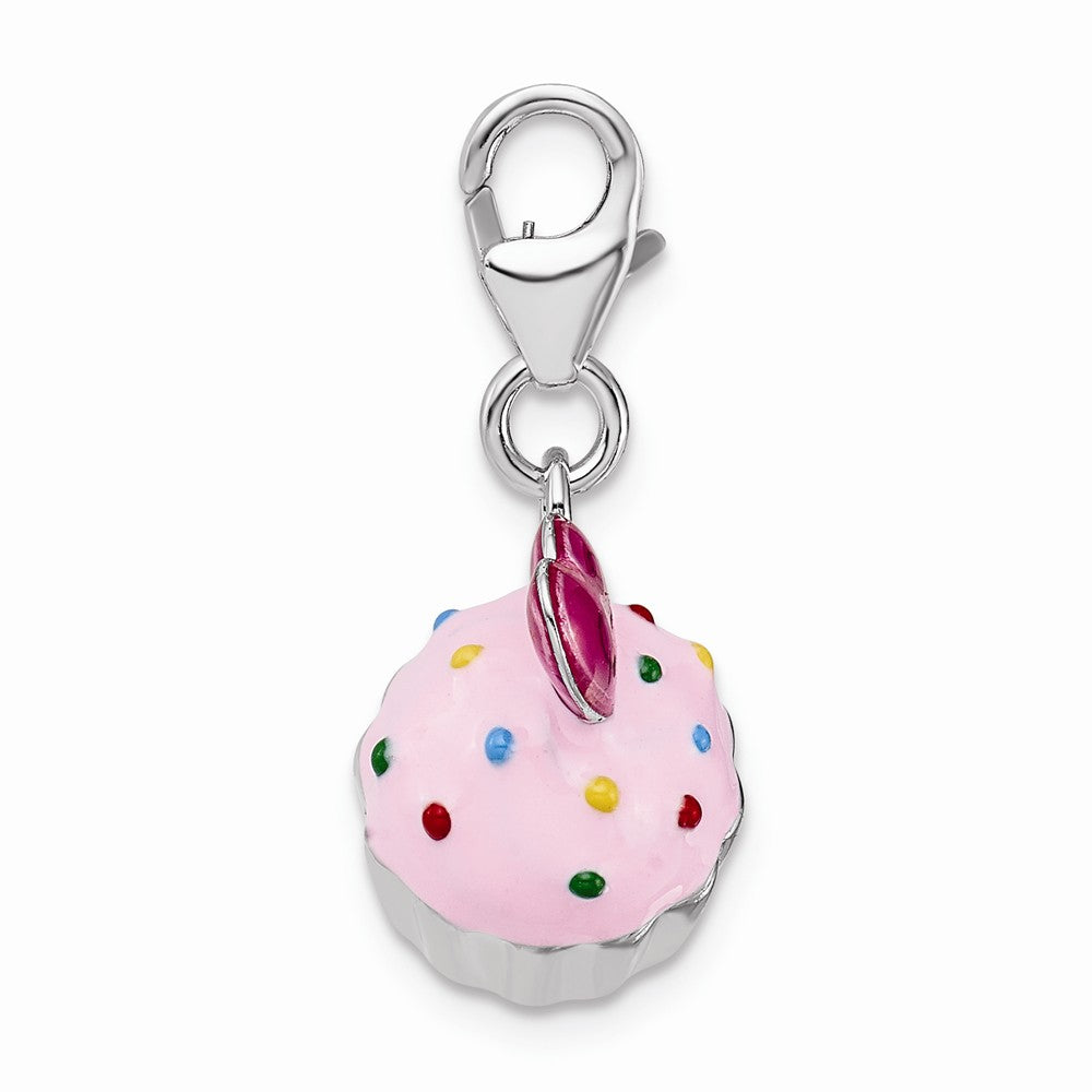 Sterling Silver Rhodium-plated Enameled 3-d Cupcake And Heart With Lobster Clasp Charm