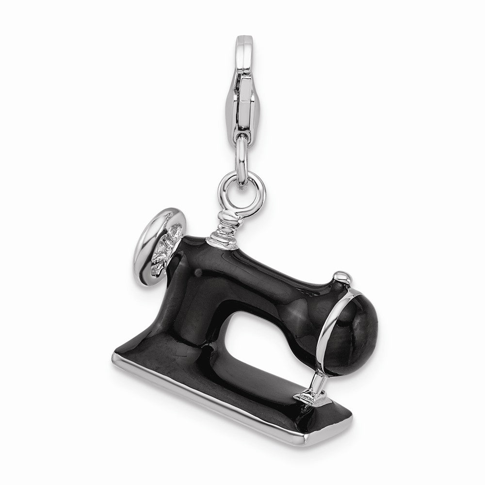 Sterling Silver Rhodium-plated Enameled 3-d Sewing Machine With Lobster Clasp Charm
