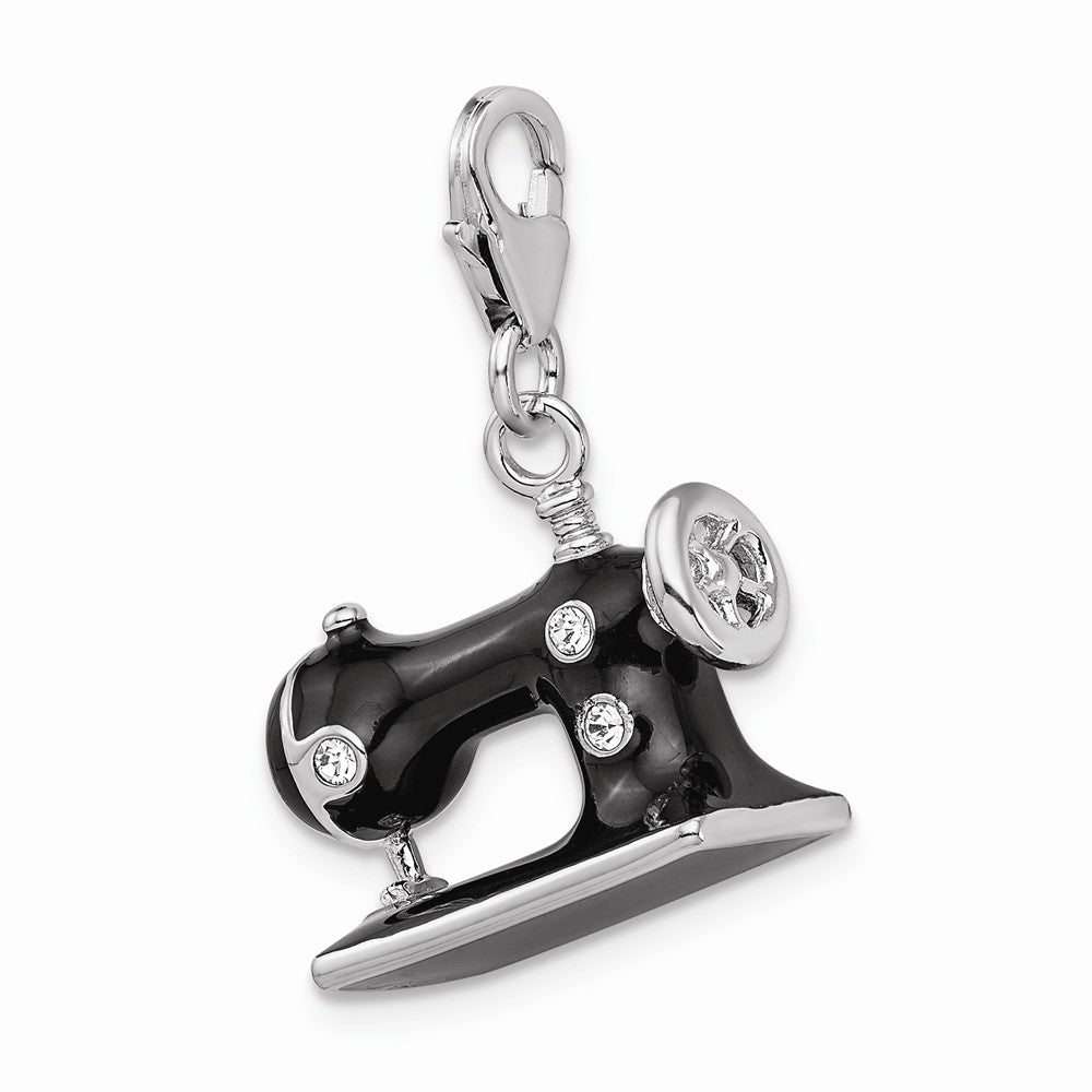 Sterling Silver Rhodium-plated Enameled 3-d Sewing Machine With Lobster Clasp Charm