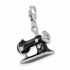 Sterling Silver Rhodium-plated Enameled 3-d Sewing Machine With Lobster Clasp Charm