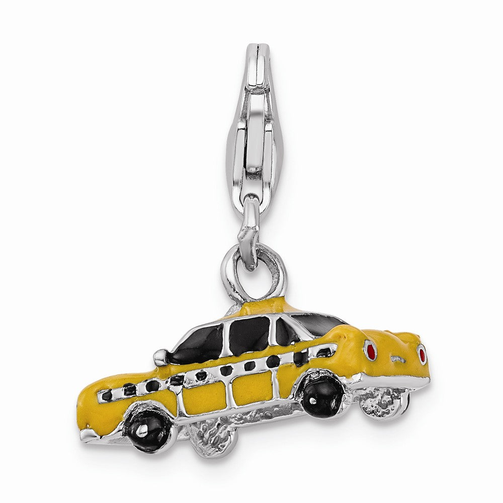Sterling Silver Rhodium-plated Enameled Taxi Cab With Lobster Clasp Charm
