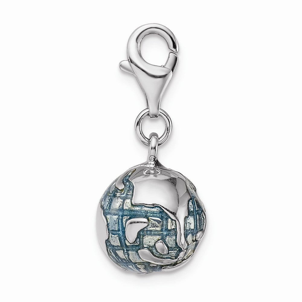 Sterling Silver Rhodium-plated 3D Enameled World Globe With Lobster Clasp Charm