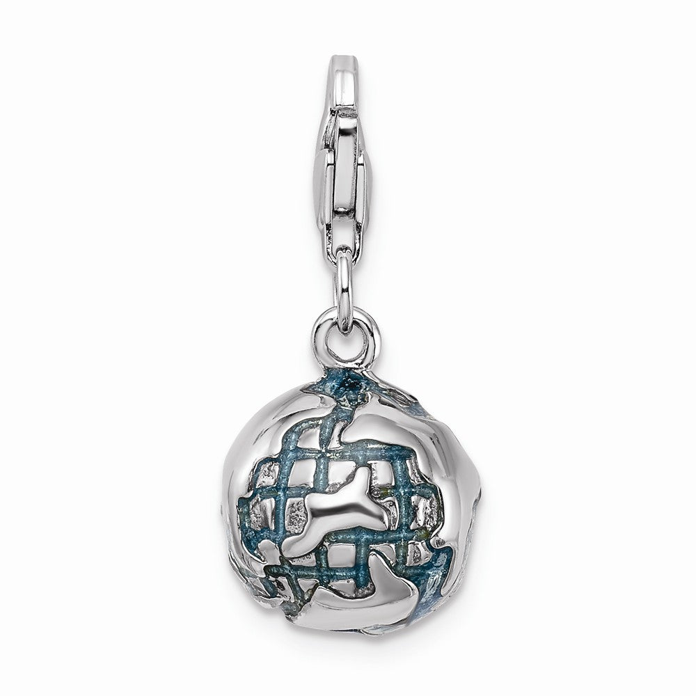 Sterling Silver Rhodium-plated 3D Enameled World Globe With Lobster Clasp Charm