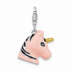 Sterling Silver Rhodium-plated 3-d Enameled Unicorn Head With Lobster Clasp Charm
