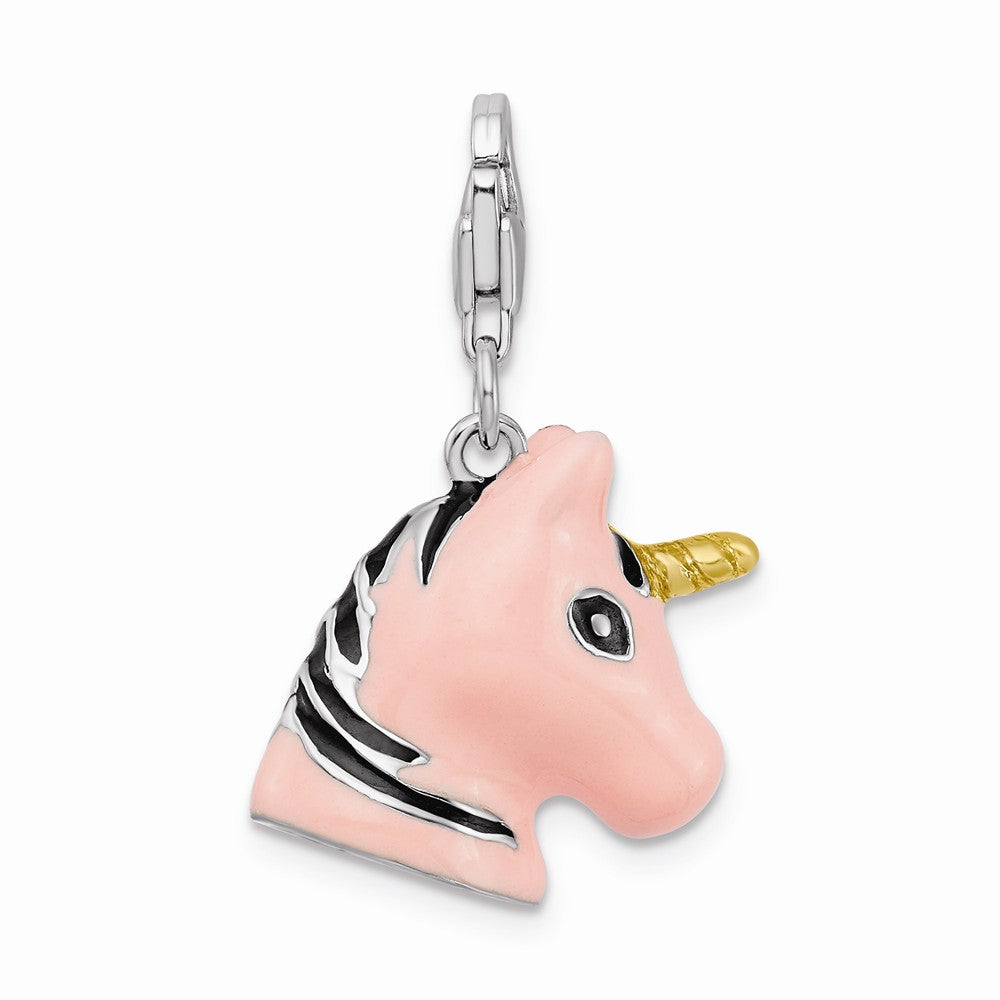 Sterling Silver Rhodium-plated 3-d Enameled Unicorn Head With Lobster Clasp Charm