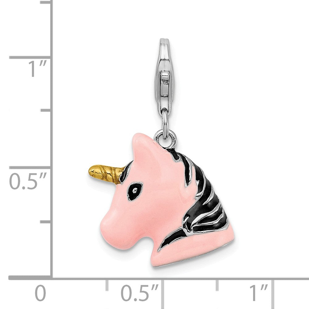 Sterling Silver Rhodium-plated 3-d Enameled Unicorn Head With Lobster Clasp Charm