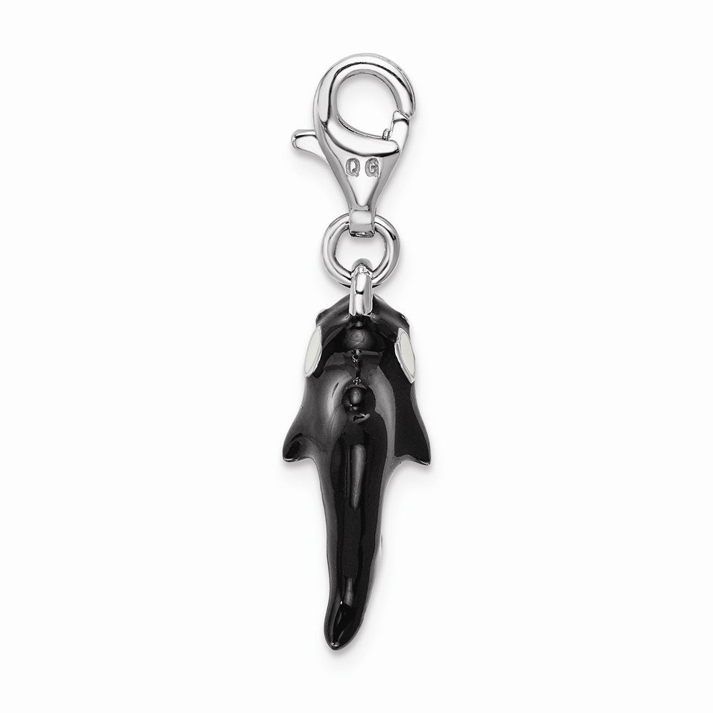 Sterling Silver Rhodium-plated 3-d Enameled Orca Whale With Lobster Clasp Charm