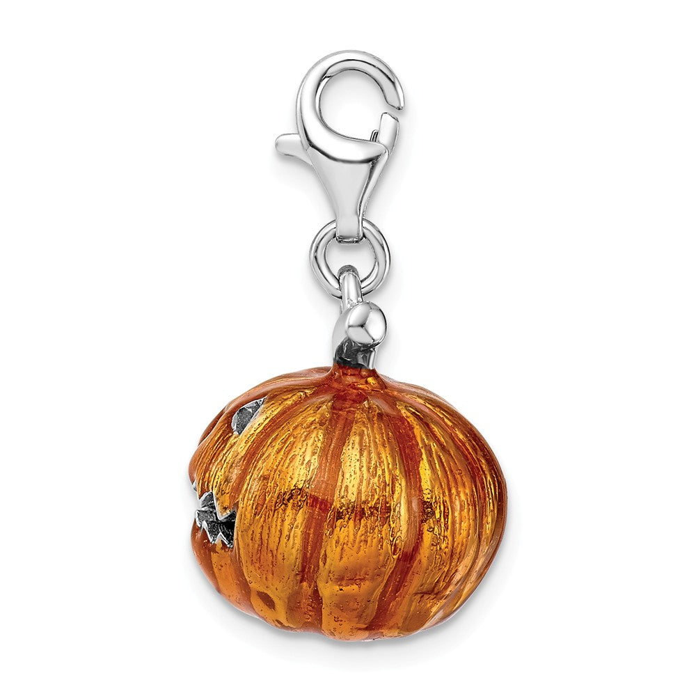 Sterling Silver Rhodium-plated 3-d Enameled Jack O Lantern With Lobster Clasp Charm