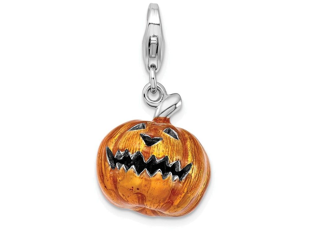 Sterling Silver Rhodium-plated 3-d Enameled Jack O Lantern With Lobster Clasp Charm