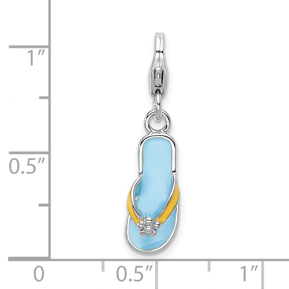 Sterling Silver Rhodium-plated Enameled 3-d Flower Flip Flop With Lobster Clasp Charm