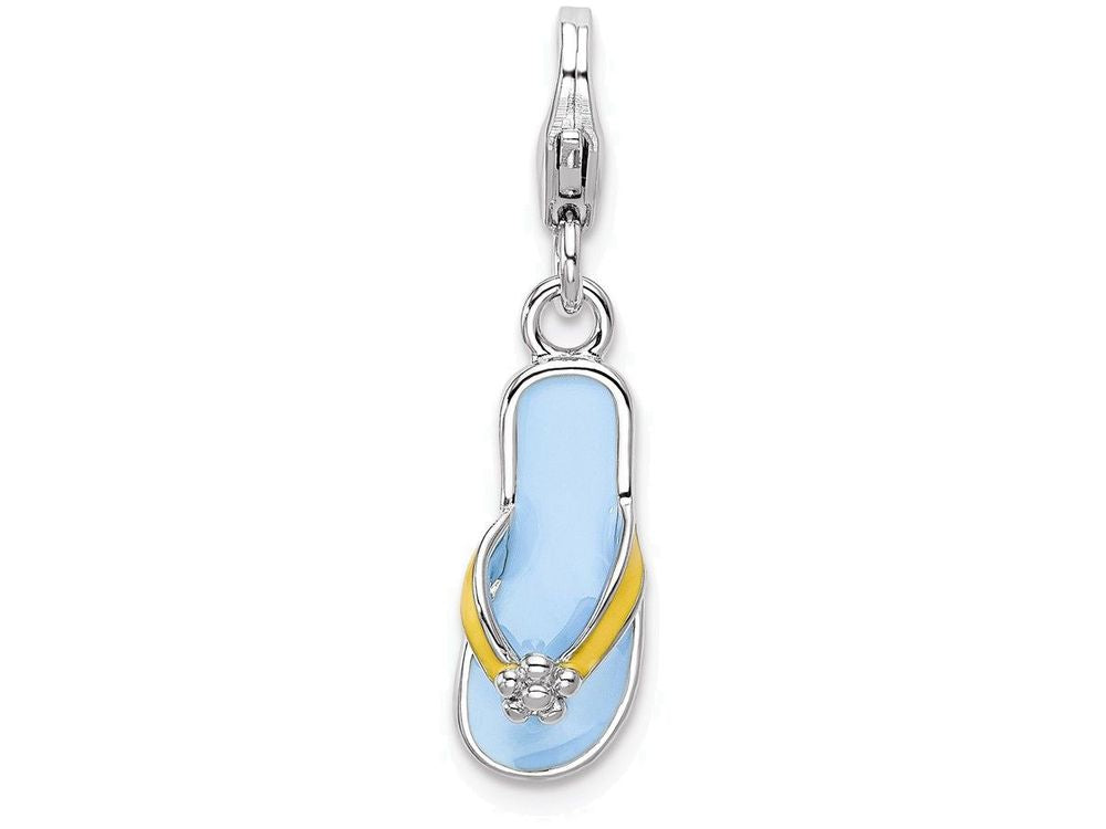 Sterling Silver Rhodium-plated Enameled 3-d Flower Flip Flop With Lobster Clasp Charm