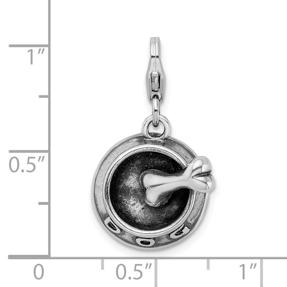 Sterling Silver Rhodium-plated 3-d Dog Bowl and Bone With Lobster Clasp Charm