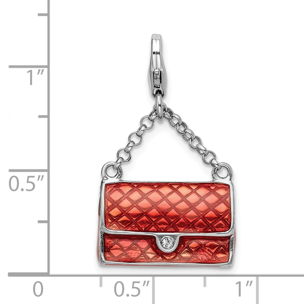 Sterling Silver Rhodium-plated Enameled 3-d Purse With Lobster Clasp Charm