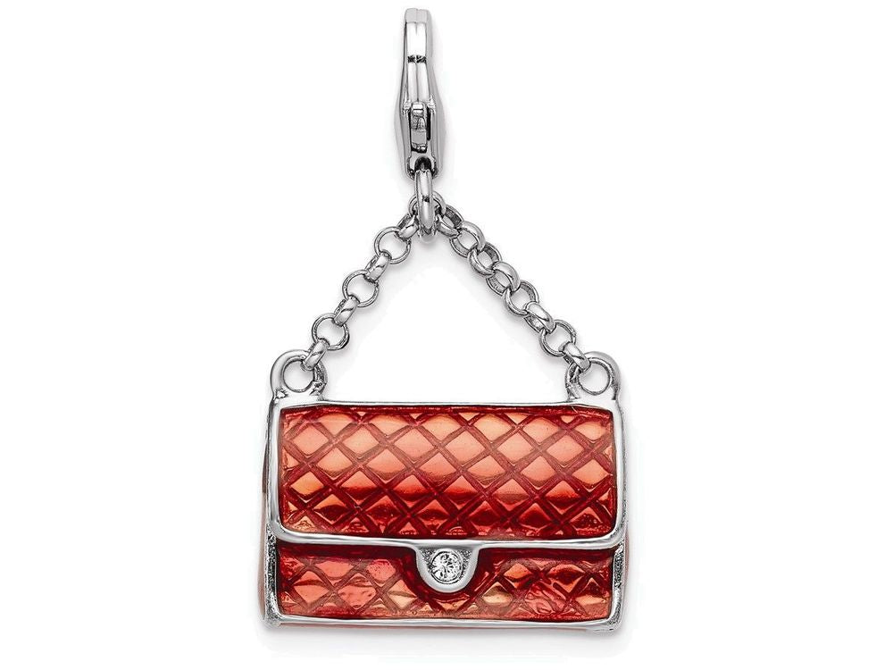 Sterling Silver Rhodium-plated Enameled 3-d Purse With Lobster Clasp Charm