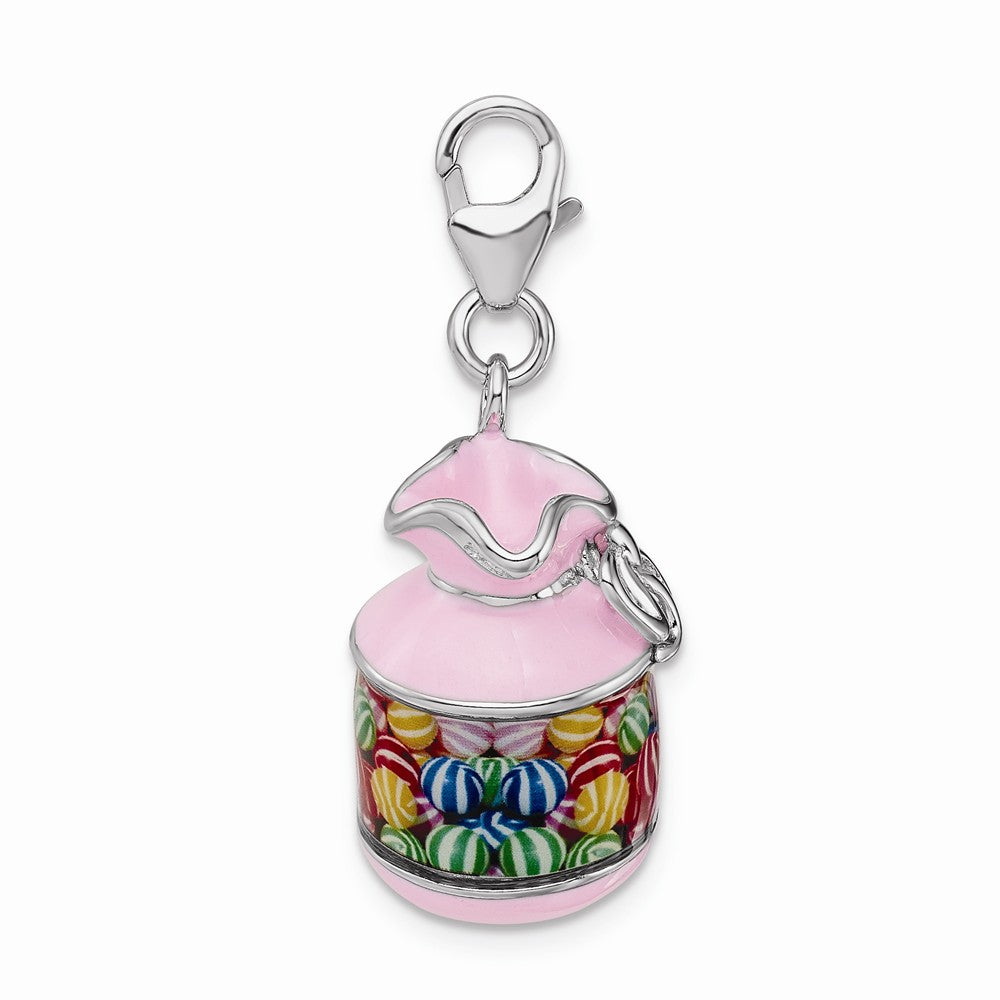 Sterling Silver Rhodium-plated Enameled 3-d Candy Jar With Lobster Clasp Charm