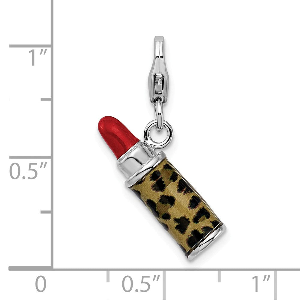 Sterling Silver Rhodium-plated Enameled 3-d Leopard Lipstick With Lobster Clasp Charm