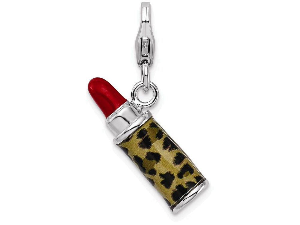 Sterling Silver Rhodium-plated Enameled 3-d Leopard Lipstick With Lobster Clasp Charm