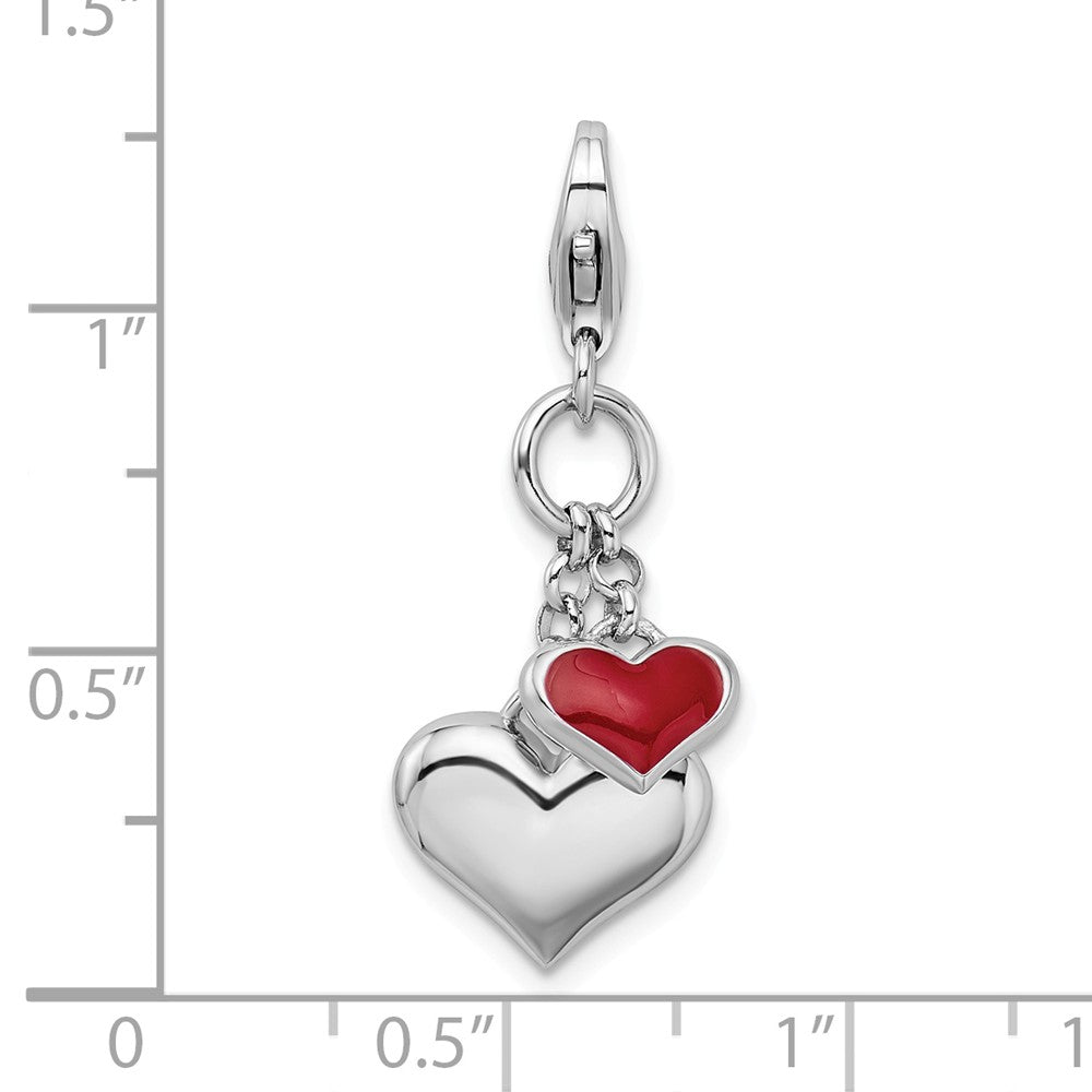 Sterling Silver Rhodium Plated Enameled Double Heart With Lobster Clasp Charm