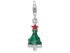 Sterling Silver Rhodium-plated 3-d Enameled Christmas Tree With Lobster Clasp