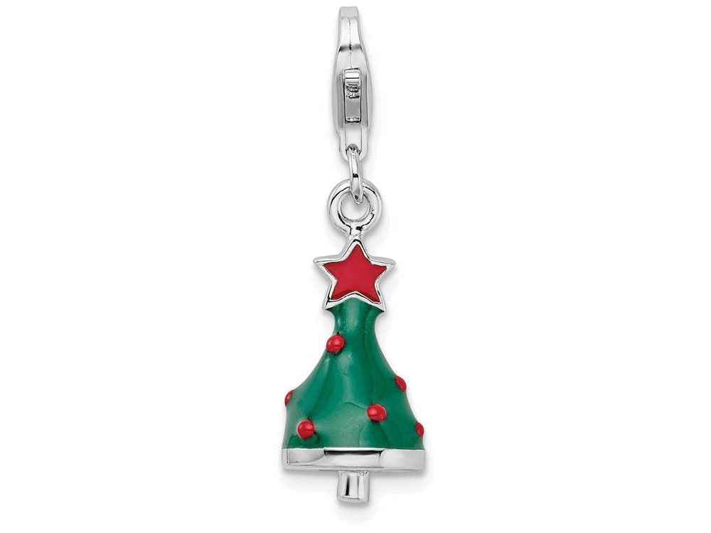 Sterling Silver Rhodium-plated 3-d Enameled Christmas Tree With Lobster Clasp