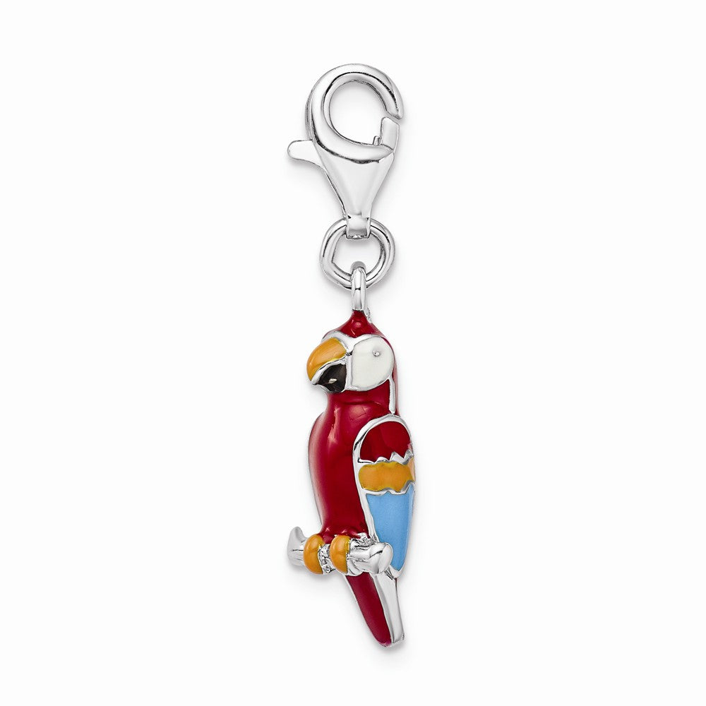 Sterling Silver Rhodium-plated 3-d Enameled Parrot With Lobster Clasp Charm
