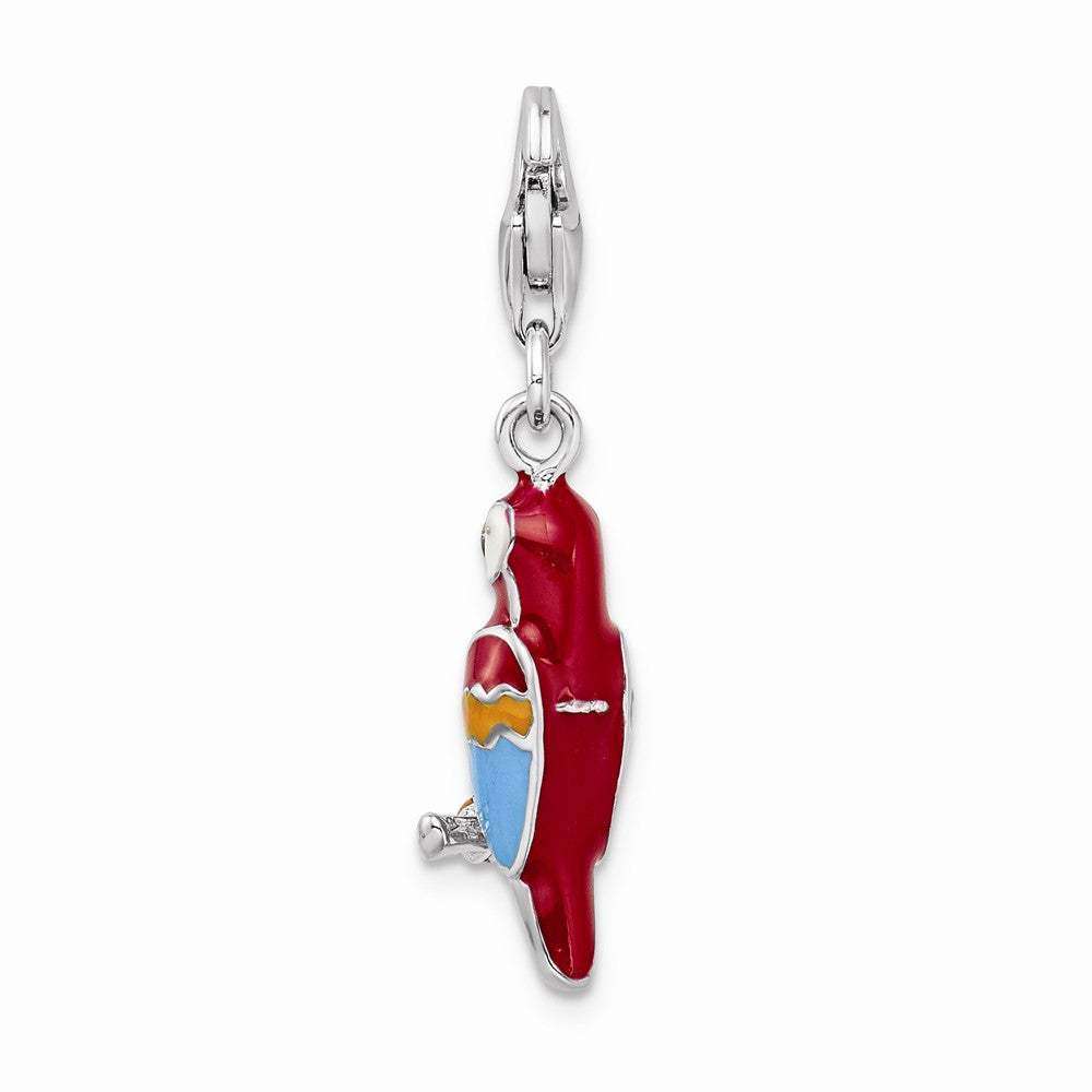 Sterling Silver Rhodium-plated 3-d Enameled Parrot With Lobster Clasp Charm