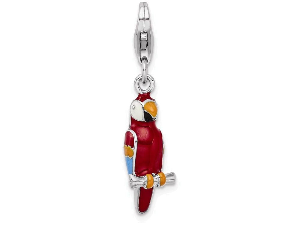 Sterling Silver Rhodium-plated 3-d Enameled Parrot With Lobster Clasp Charm