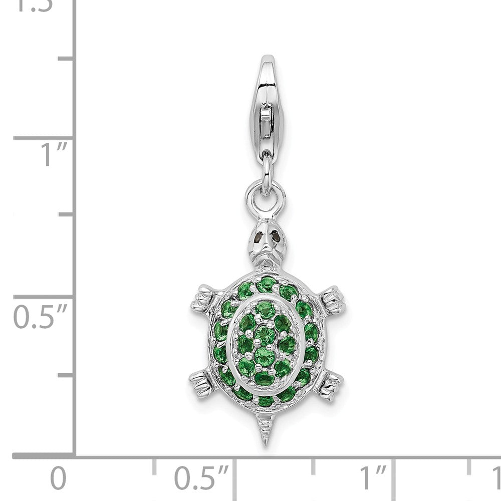 Sterling Silver Rhodium Plated Cz Green Turtle With Lobster Clasp Charm