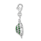 Sterling Silver Rhodium Plated Cz Green Turtle With Lobster Clasp Charm