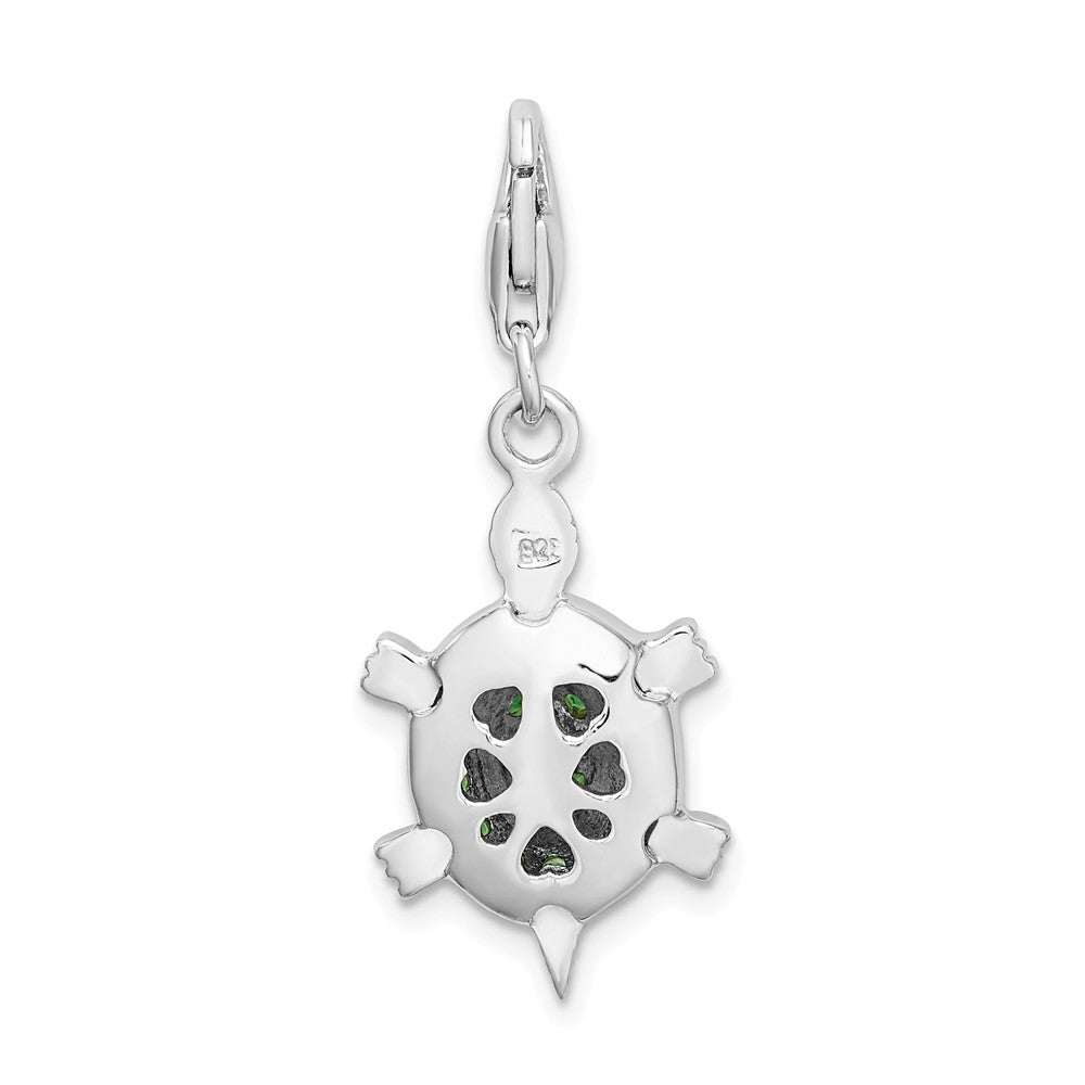 Sterling Silver Rhodium Plated Cz Green Turtle With Lobster Clasp Charm