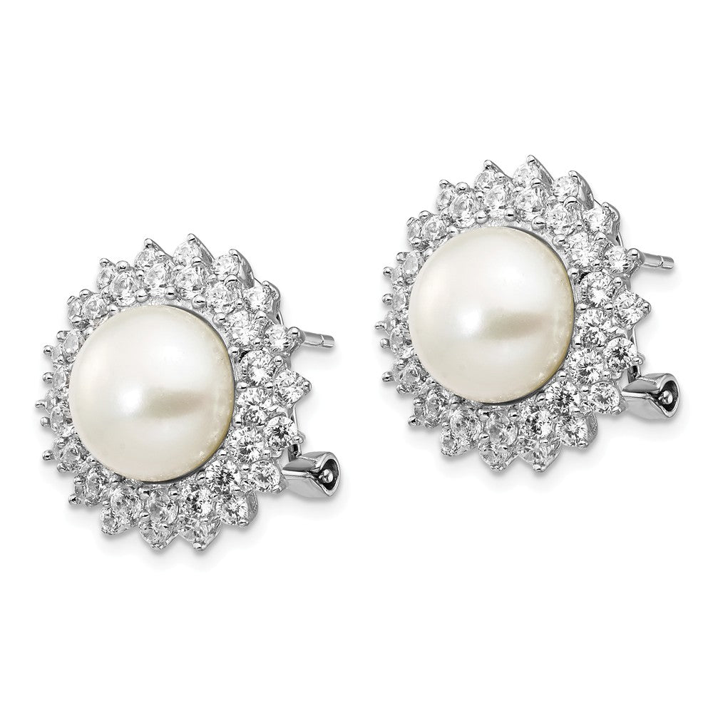 Cheryl M™ Sterling Silver CZ Cultured Pearl Omega Back Earrings