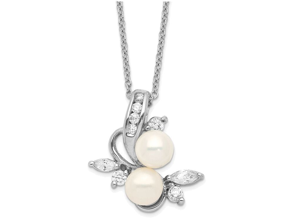 Cheryl M™ Sterling Silver CZ White Cultured Pearl Leaves 18In Necklace