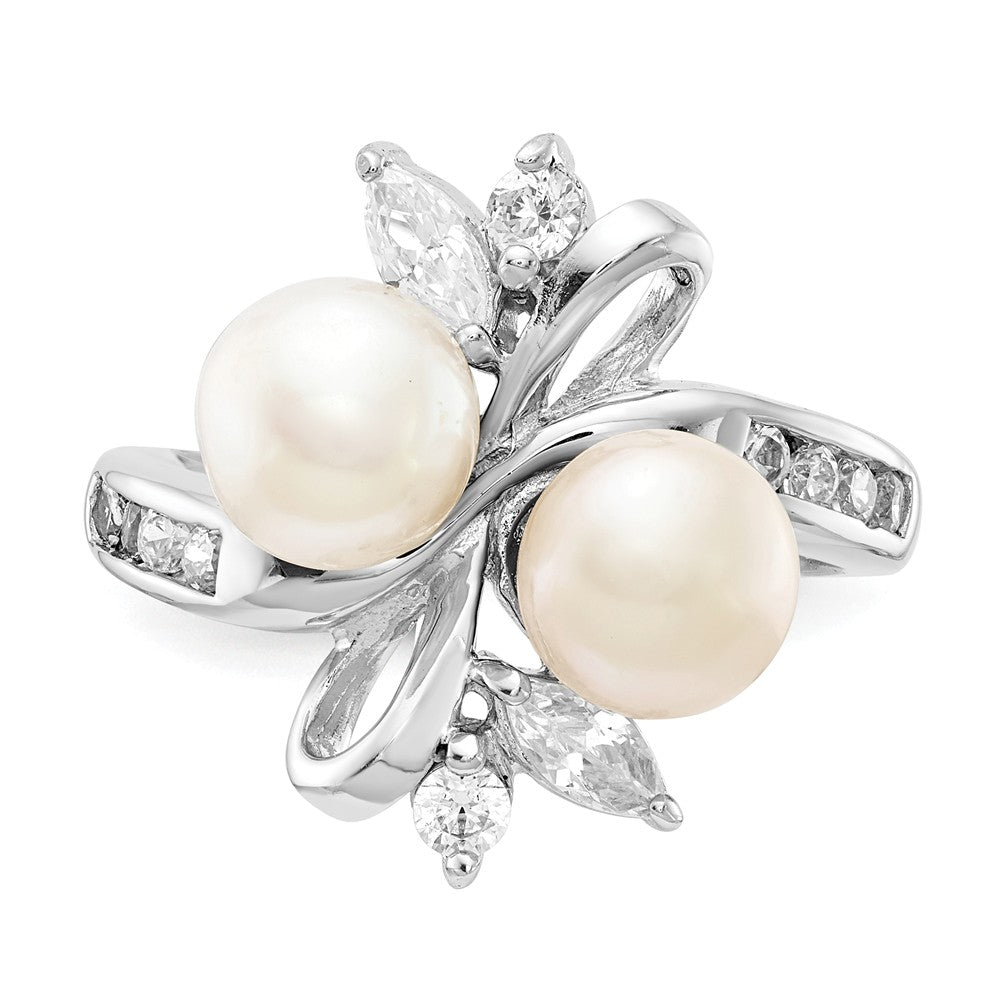 Cheryl M™ Sterling Silver CZ White Cultured Pearl Leaves Ring