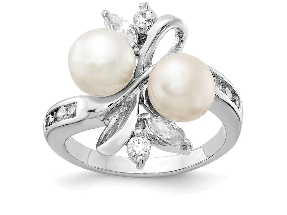 Cheryl M™ Sterling Silver CZ White Cultured Pearl Leaves Ring