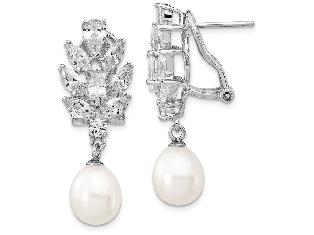 Cheryl M™ Sterling Silver CZ Cultured Pearl Omega Back Earrings