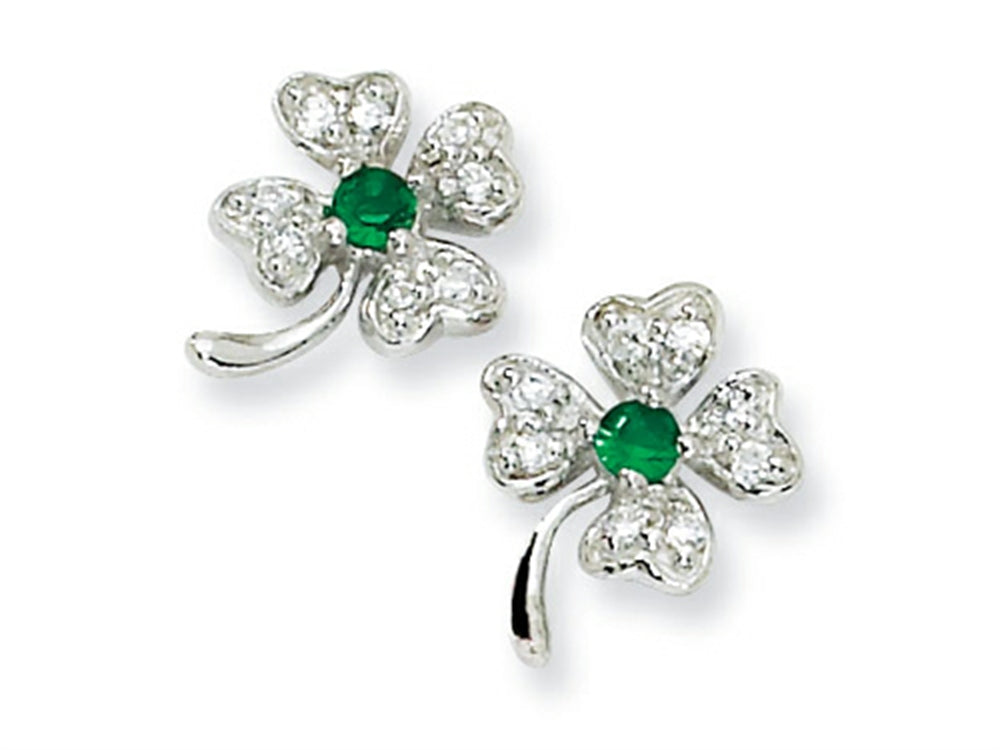 Cheryl M™ Sterling Silver Simulated Emerald/CZ 4-leaf Clover Post Earrings