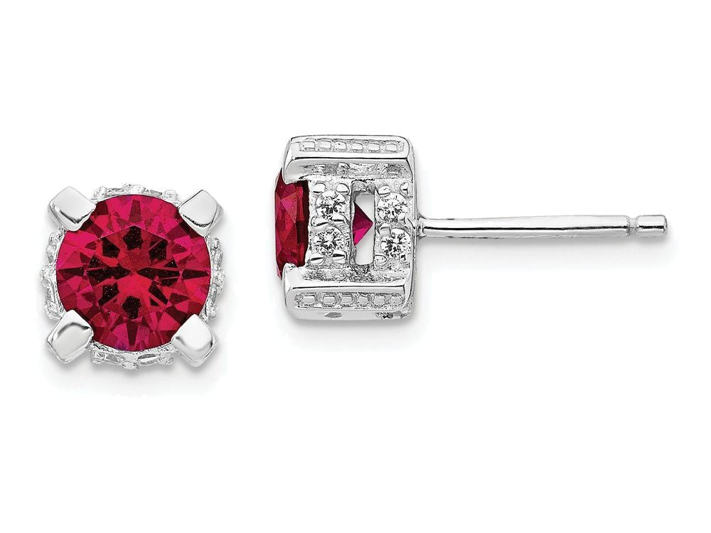 Cheryl M™ Sterling Silver 6.5mm Synthetic Ruby and CZ Stud Earrings