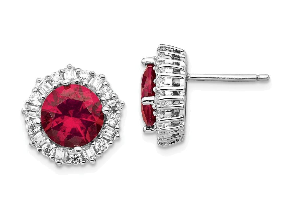 Cheryl M™ Sterling Silver Synthetic Ruby and CZ Post Earrings