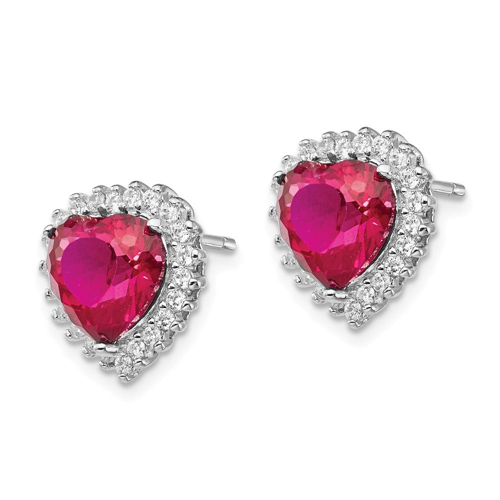 Cheryl M™ Sterling Silver Heart 100-facet Synthetic Ruby/CZ Post Earrings