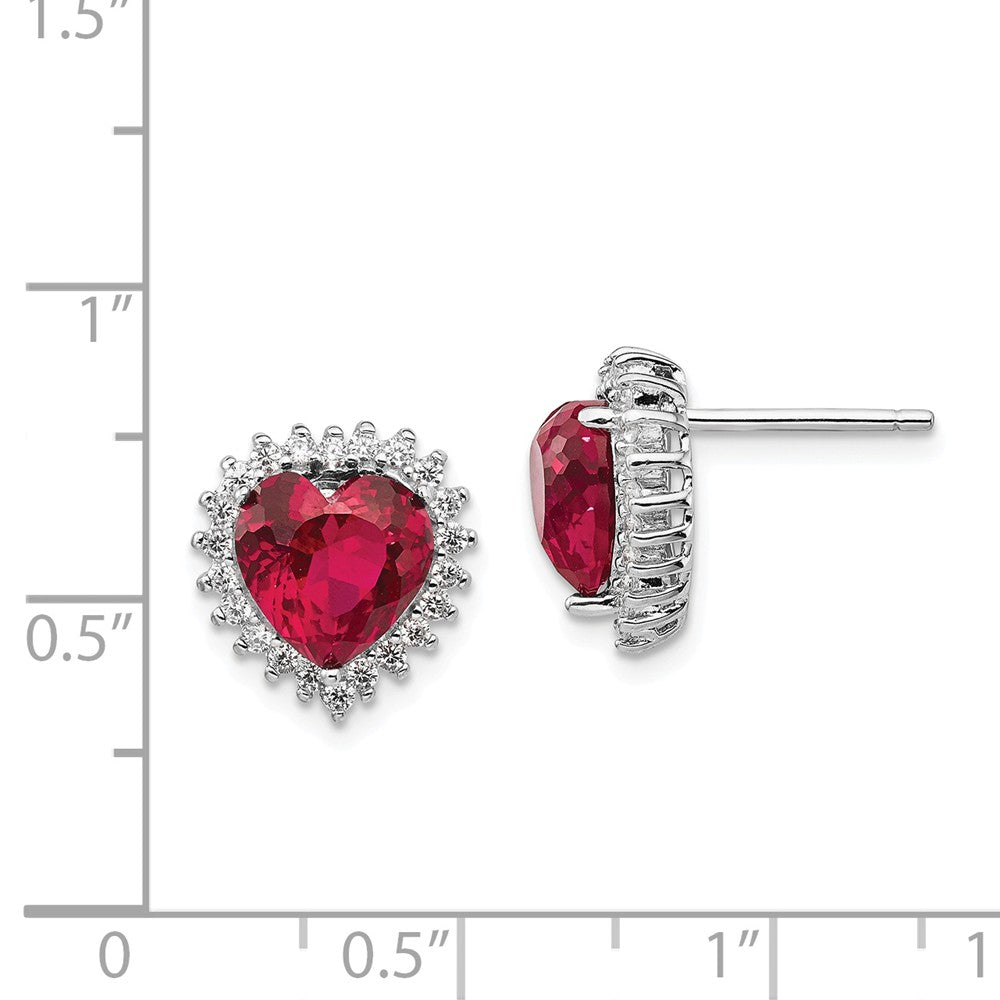 Cheryl M™ Sterling Silver Heart 100-facet Synthetic Ruby/CZ Post Earrings