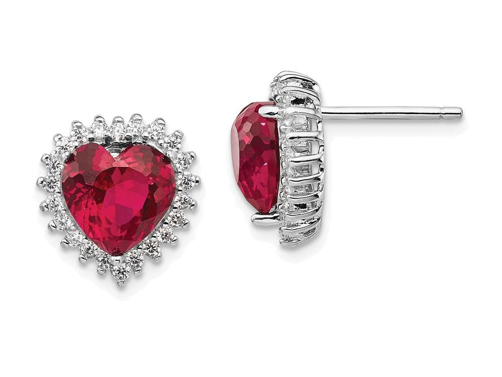 Cheryl M™ Sterling Silver Heart 100-facet Synthetic Ruby/CZ Post Earrings