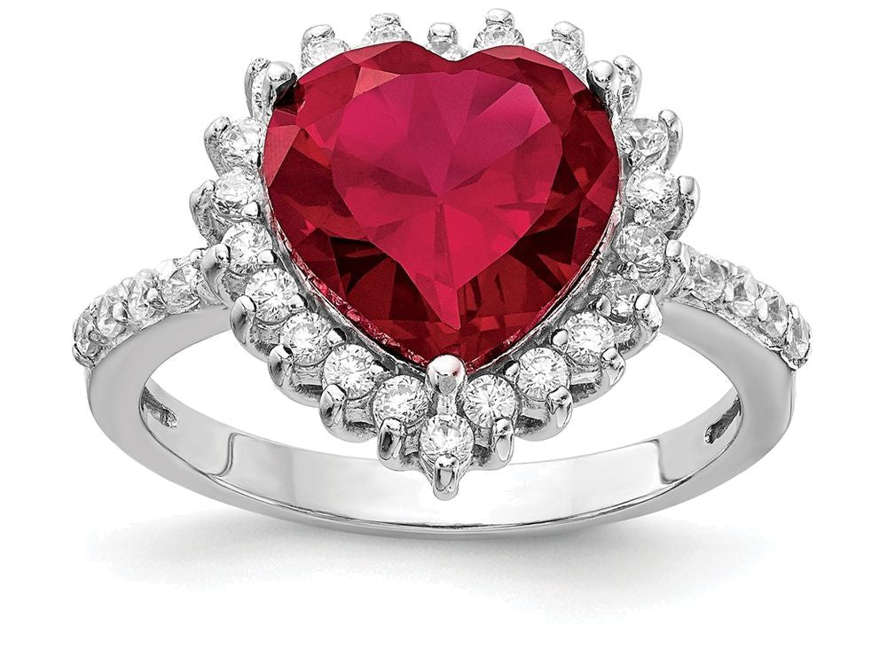 Cheryl M™ Sterling Silver 100-facet Synthetic Ruby and CZ Heart Ring