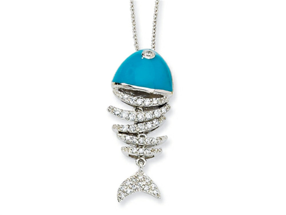 Cheryl M™ Sterling Silver Simulated Turquoise Enameled CZ Fish 18in Necklace