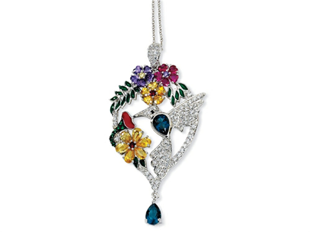 Cheryl M™ Sterling Silver Enameled CZ and Simulated Stones Hummingbird 18in Necklace