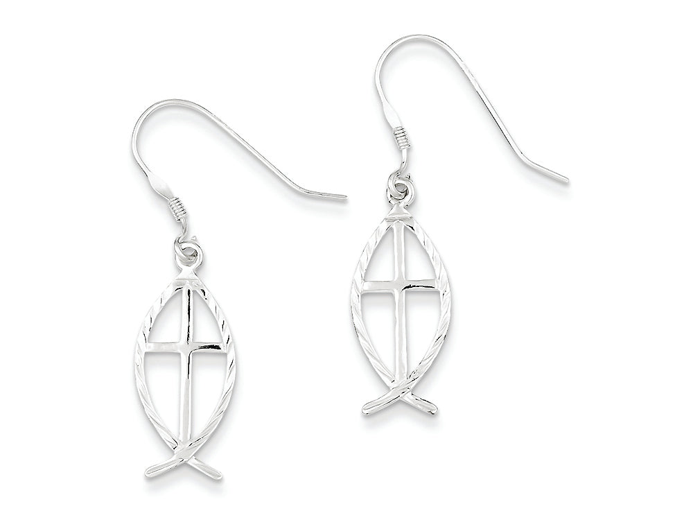 FJC Finejewelers Sterling Silver Bright Cut Cross W/fish Earrings