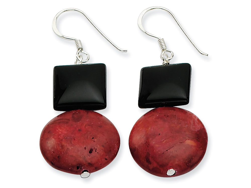 FJC Finejewelers Sterling Silver Black Agate and Red Coral Earrings