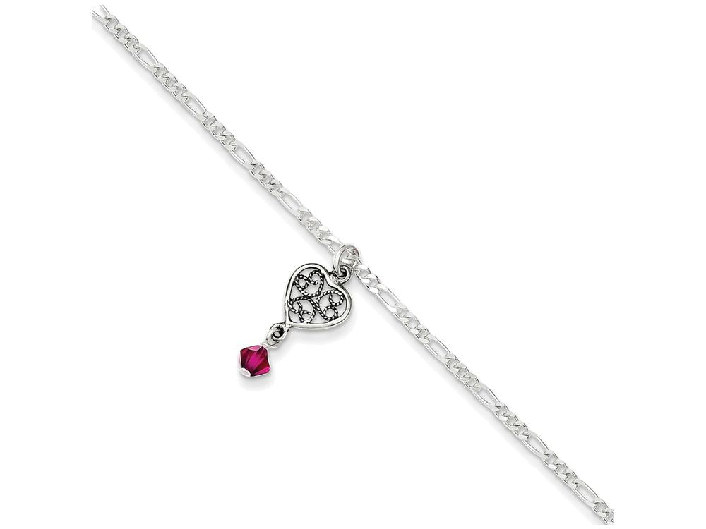 FJC Finejewelers Sterling Silver Antiqued Dark Pink Crystals Dangling Hearts Anklet
