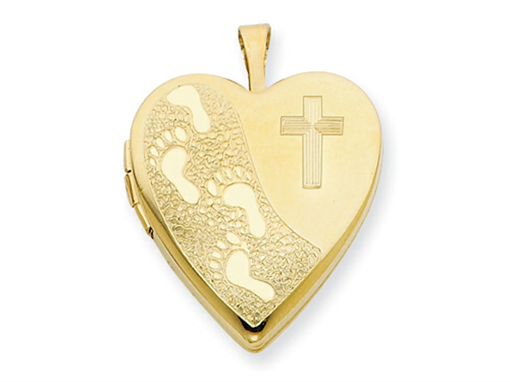 FJC Finejewelers 1/20 Gold Filled 20mm Cross and Footprint Heart Locket Pendant Necklace - Chain Included